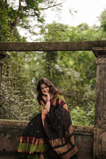 Black Kanchi cotton with annam zari butta weaves & grand pallu