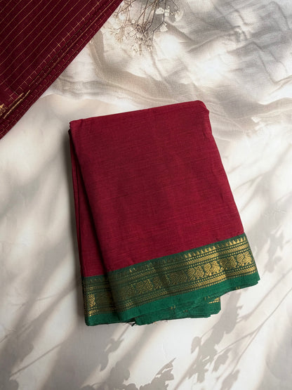 Kanchi cotton saree with zari border maroon with green