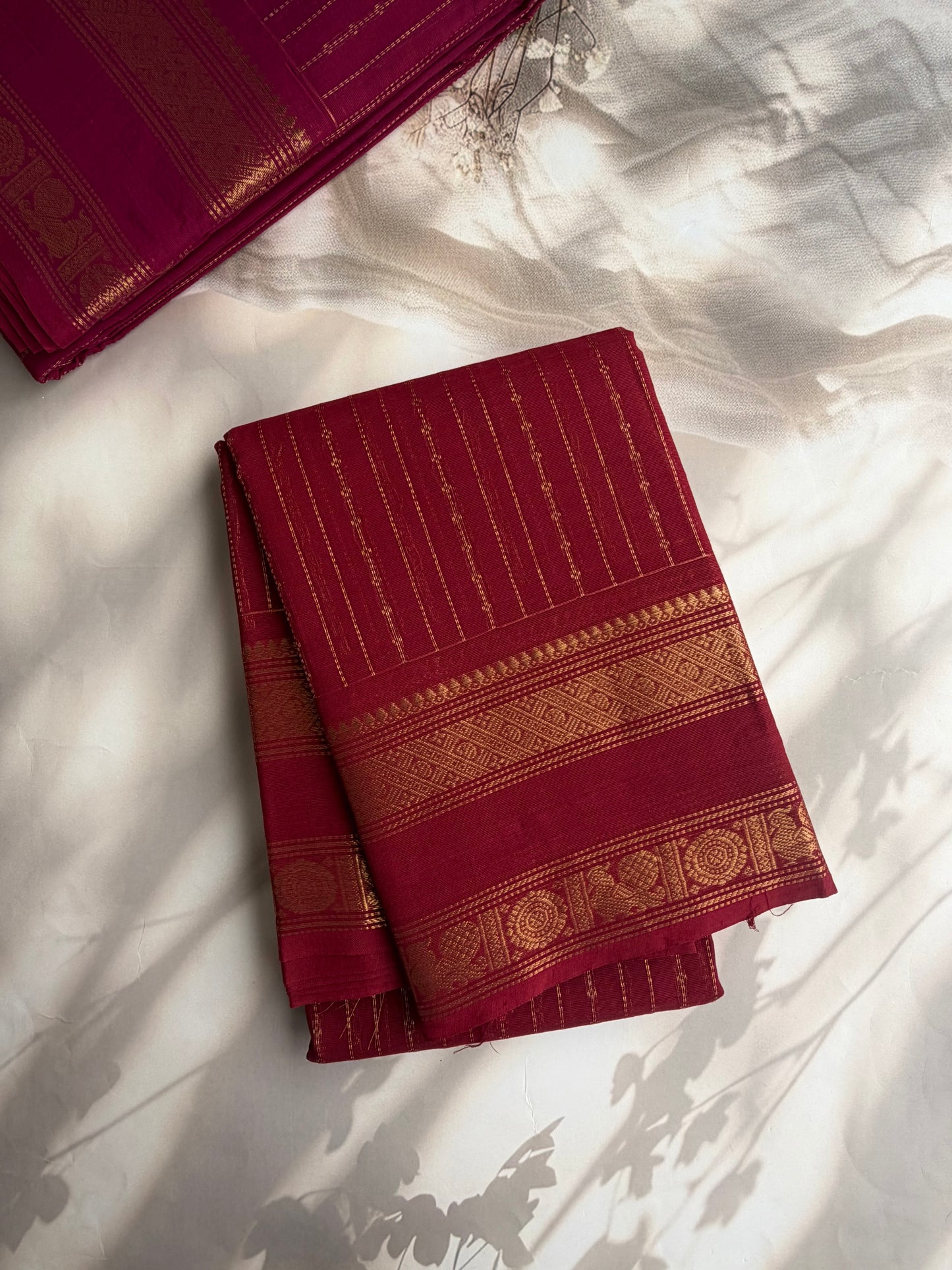 Kanchi cotton saree with vairaoosi weaves deep red
