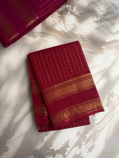 Kanchi cotton saree with vairaoosi weaves deep red