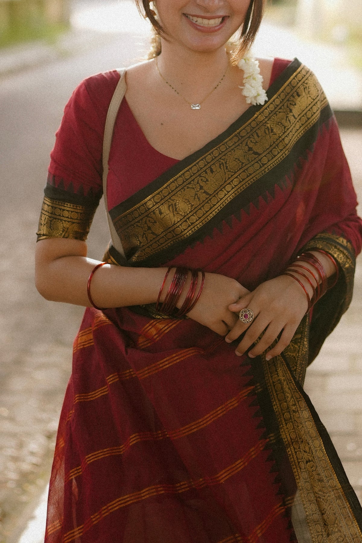 Kanchi cotton saree with rettapett border maroon with black border