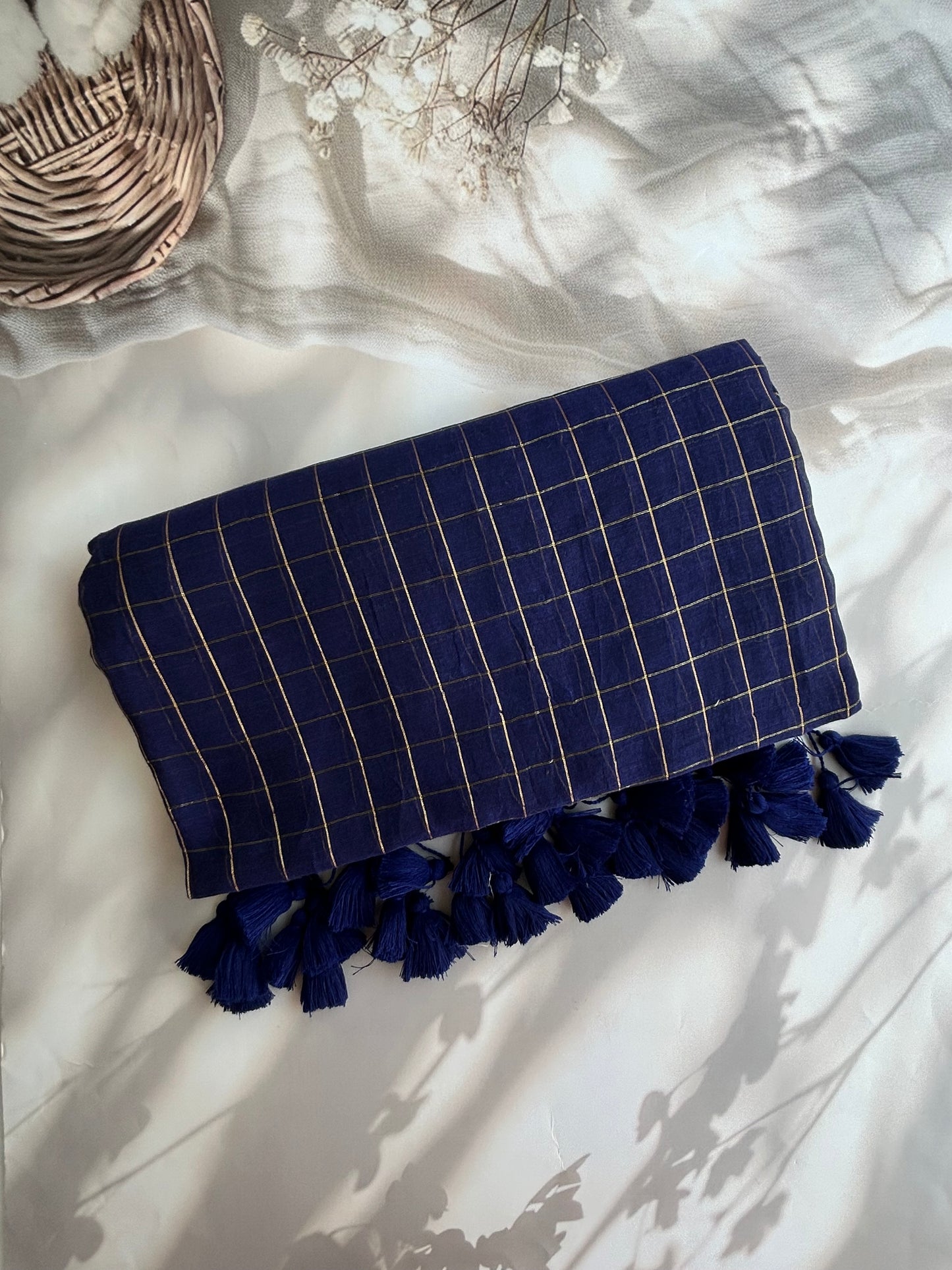 Blue Mul mul saree in zari checks