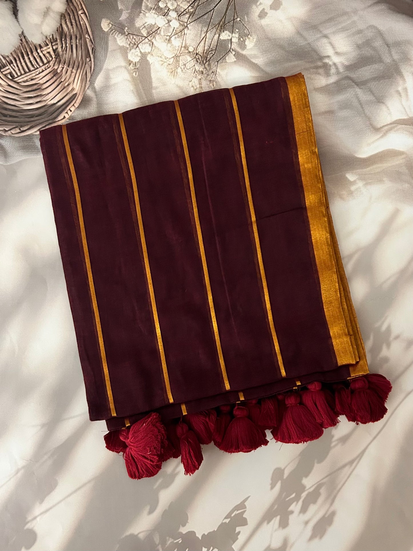 Coffee brown Mul mul saree with zari stripes