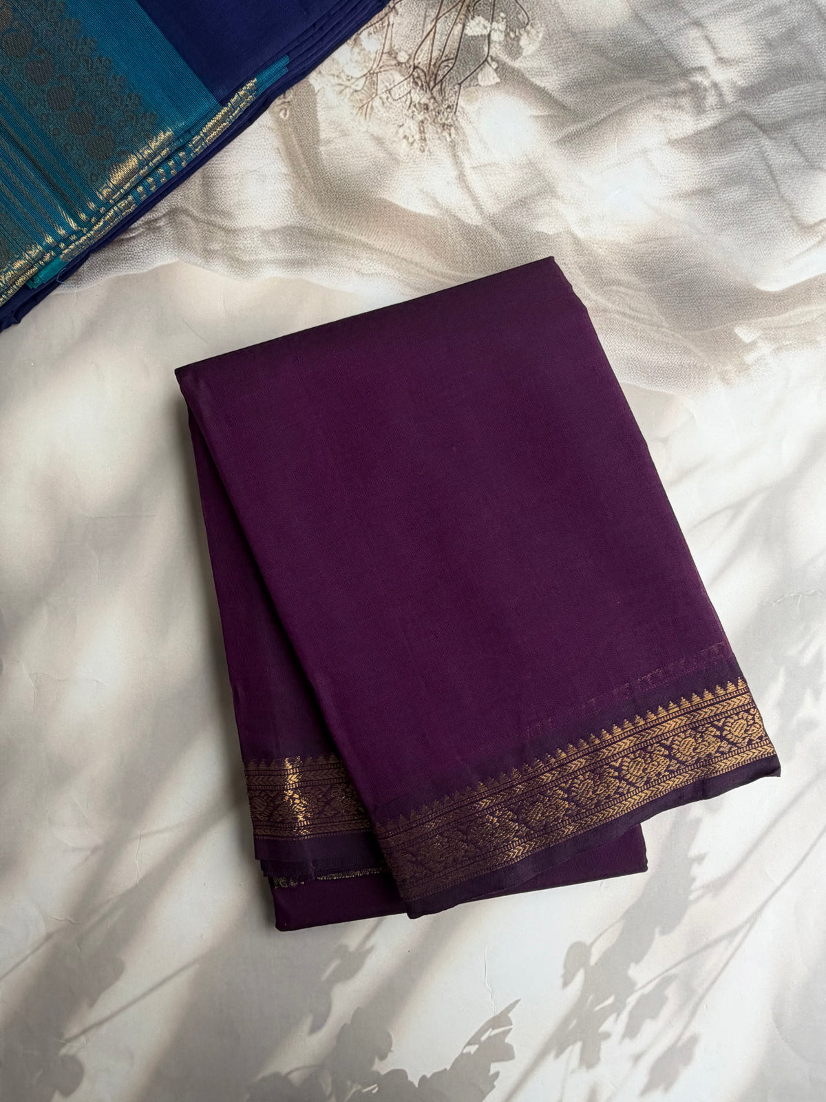 Kanchi cotton saree with minimal zari border weaves purple