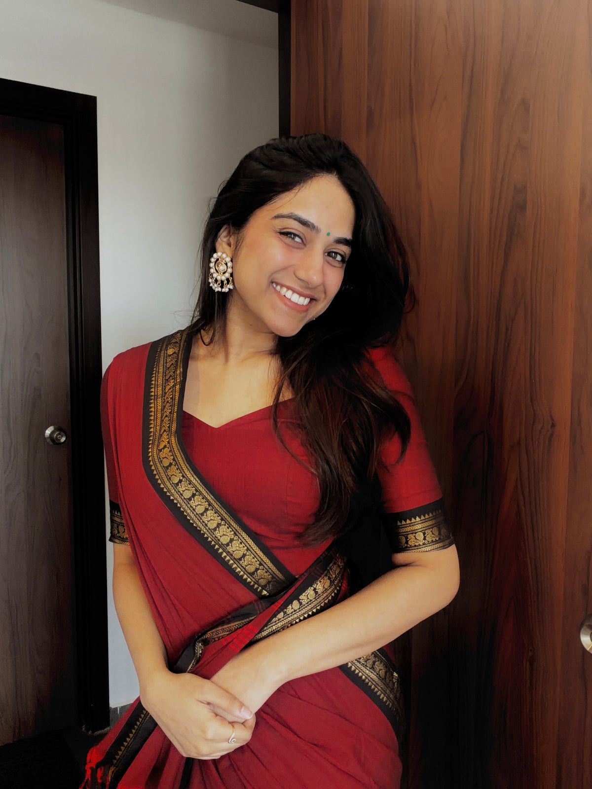 Kanchi cotton saree - maroon with black border