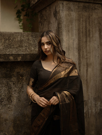 Black Kanchi cotton saree with zari lines border