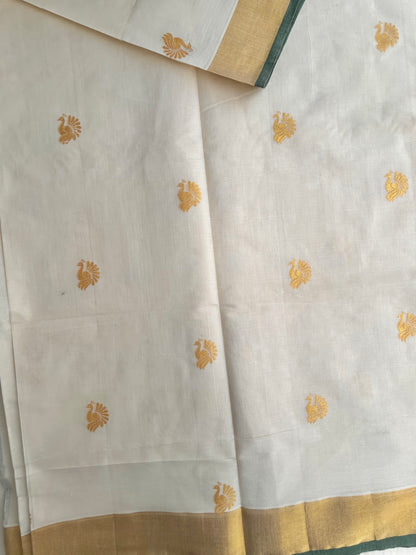 Kasavu saree in peacock print with green border