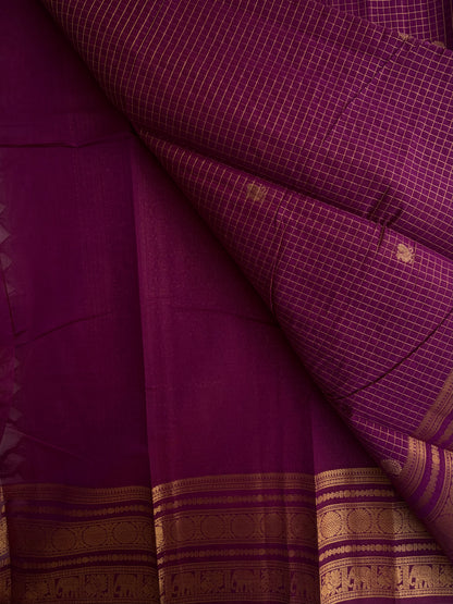 Kanchi cotton saree in checks & butta weaves with a grand pallu - majenta