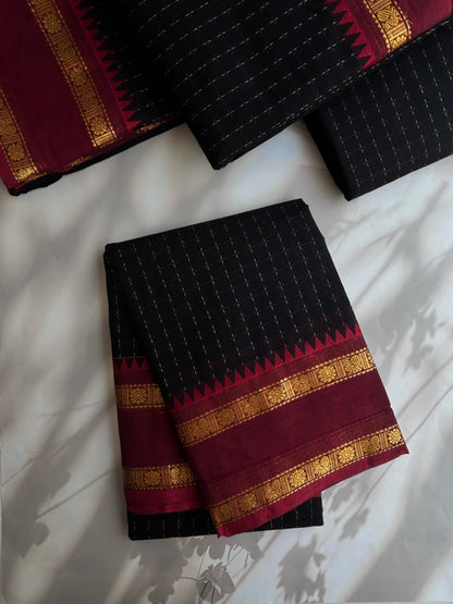 Kanchi cotton saree with korvai border black & maroon