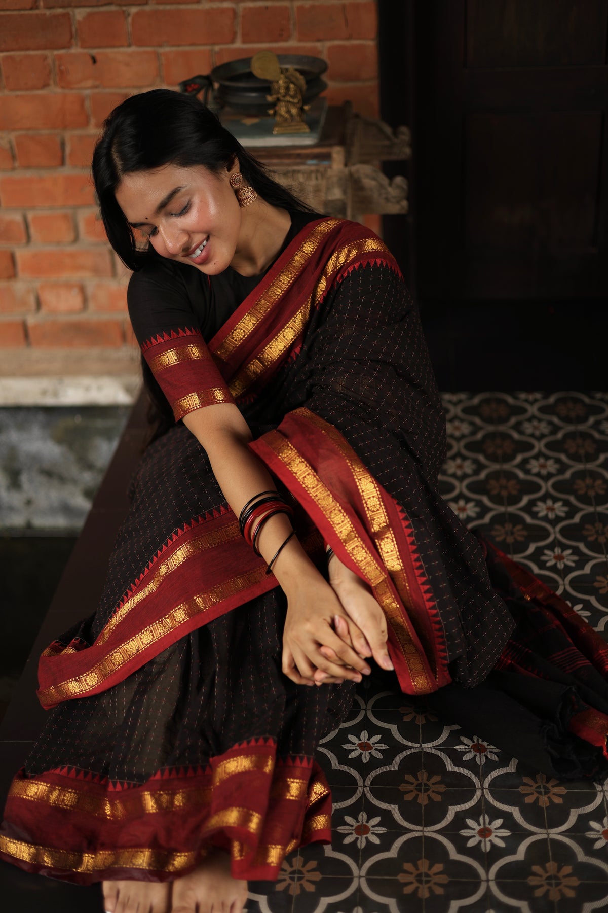 Kanchi cotton saree with korvai border black & maroon
