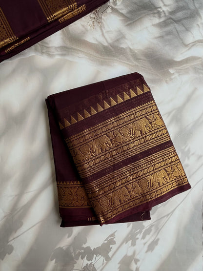 Kanchi cotton saree with rettapett border - coffee brown