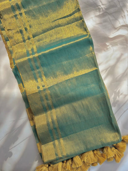 Teal blue mul mul tissue saree