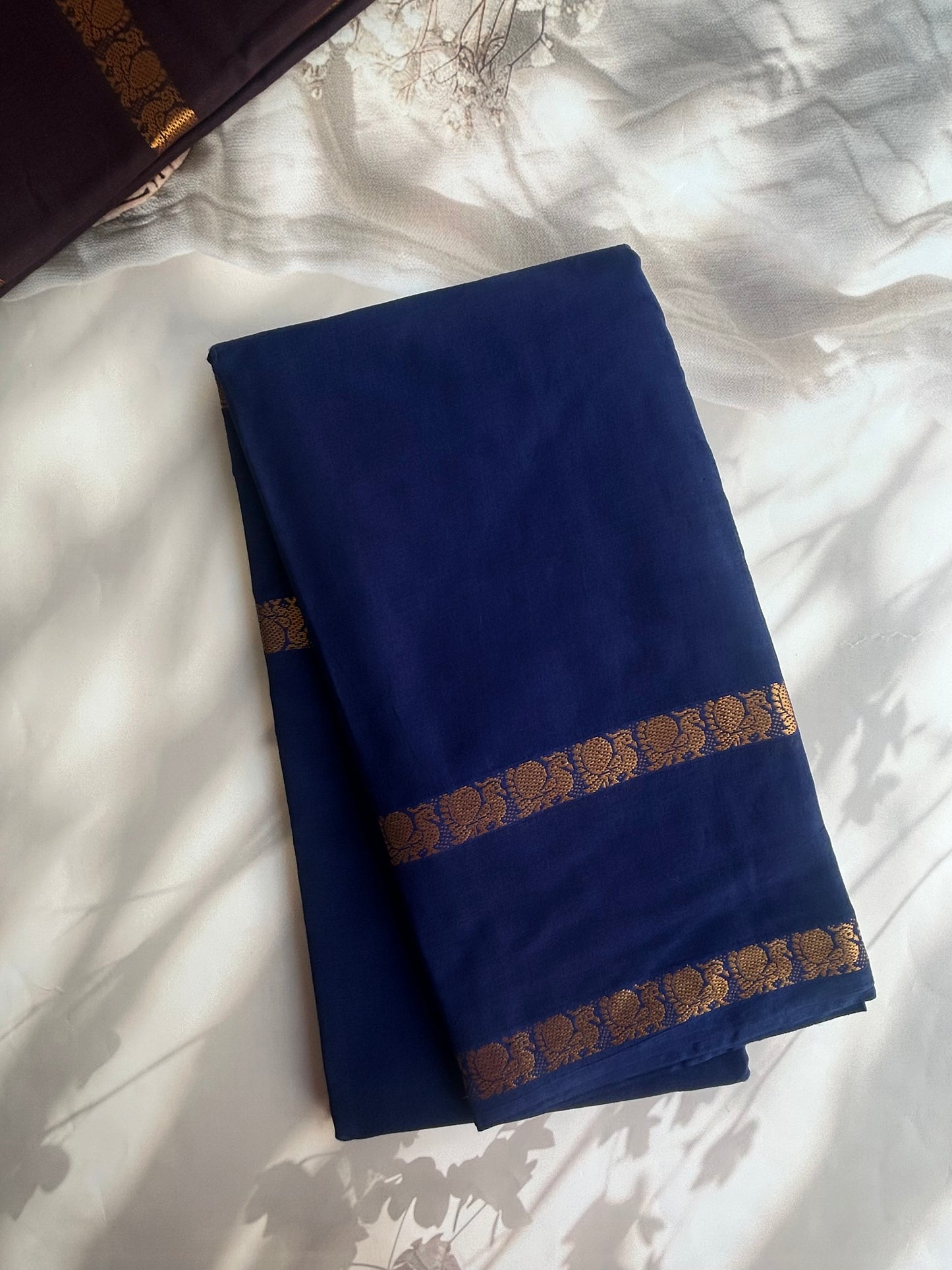 Sungudi Cotton saree with peacock border - navy blue