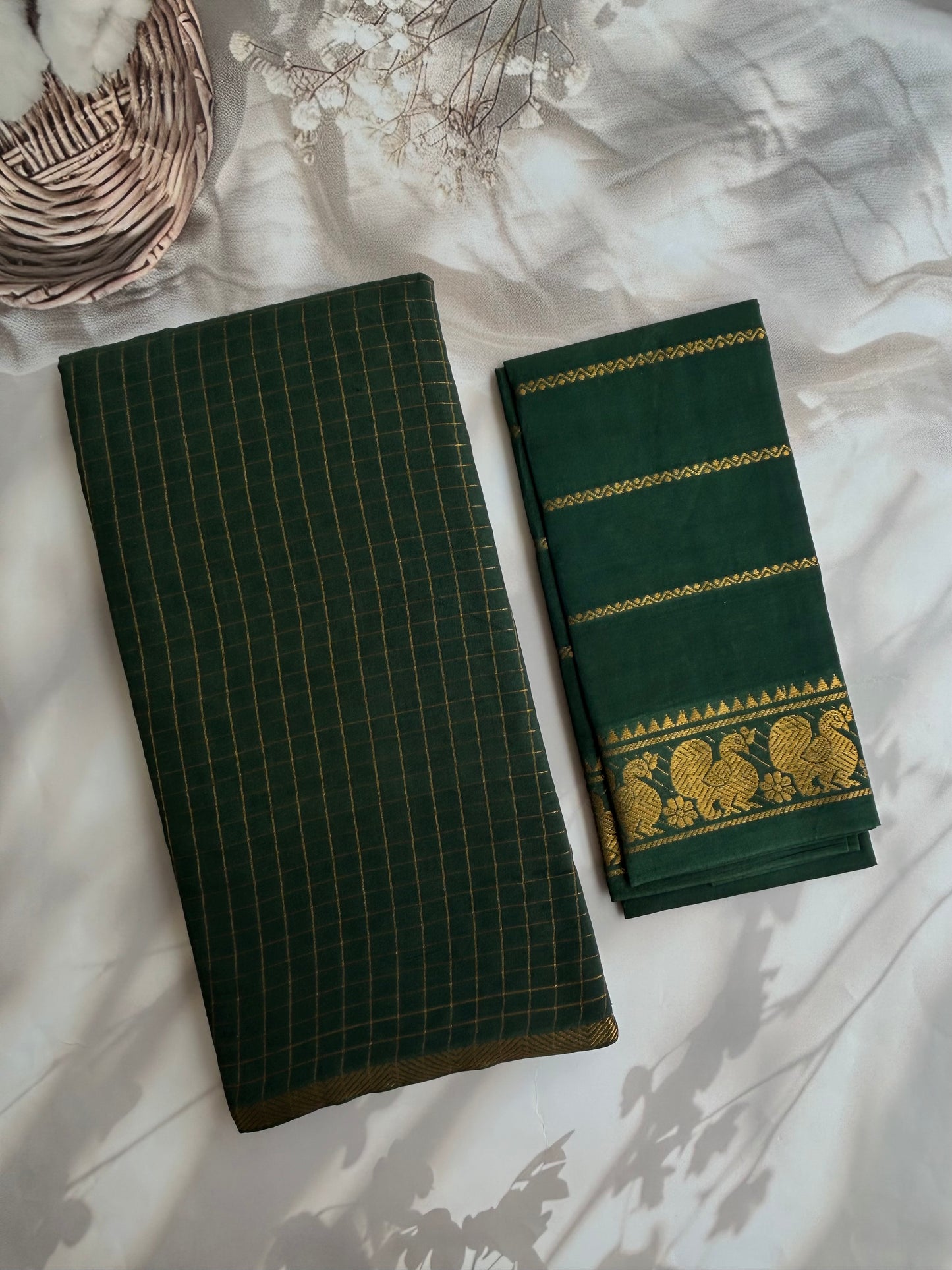Sungudi cotton saree in checks - dark green