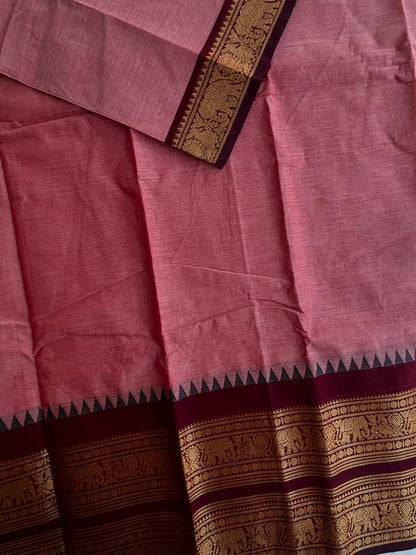 Kanchi cotton saree with rettapett border - peach with brown border