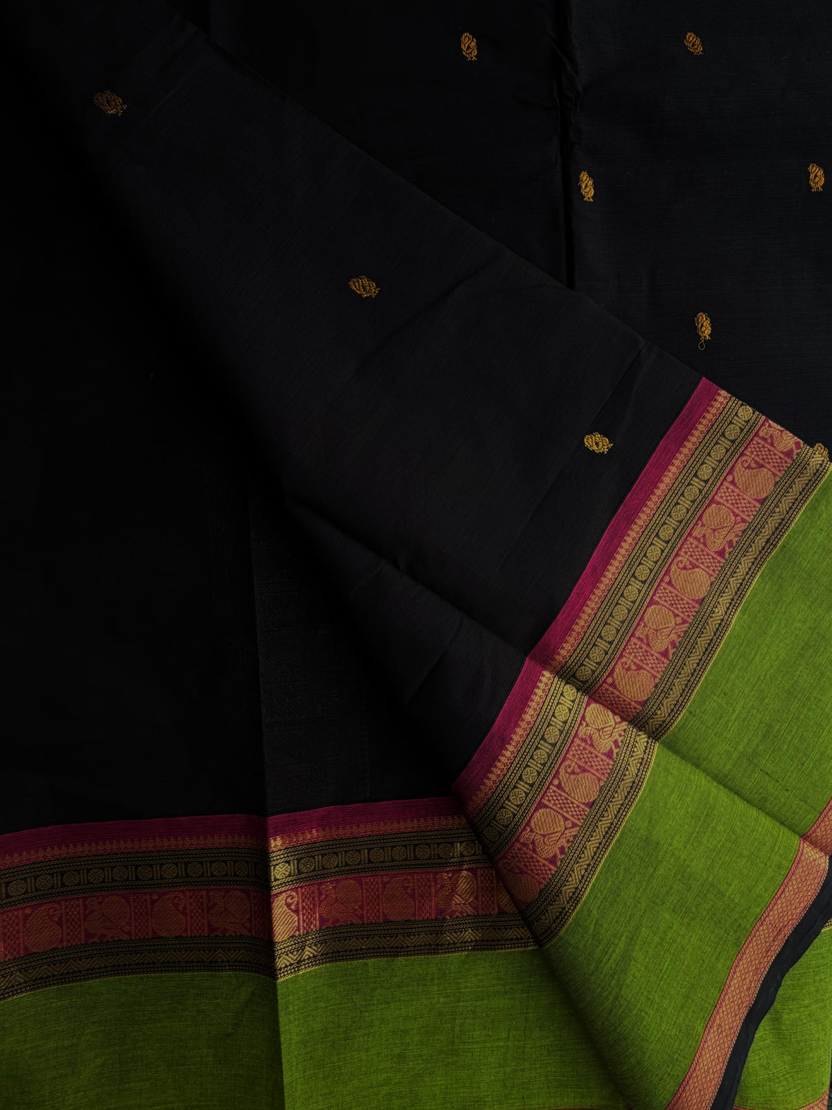 Black Kanchi cotton with annam zari butta weaves & grand pallu