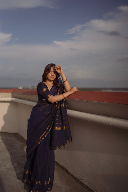Blue Kanchi cotton saree with zari border