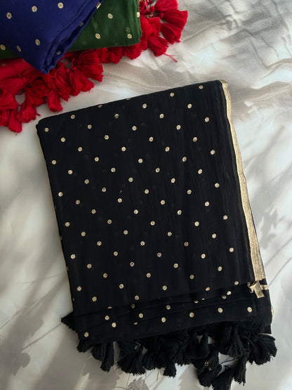 Black Mul mul saree in golden polka dots