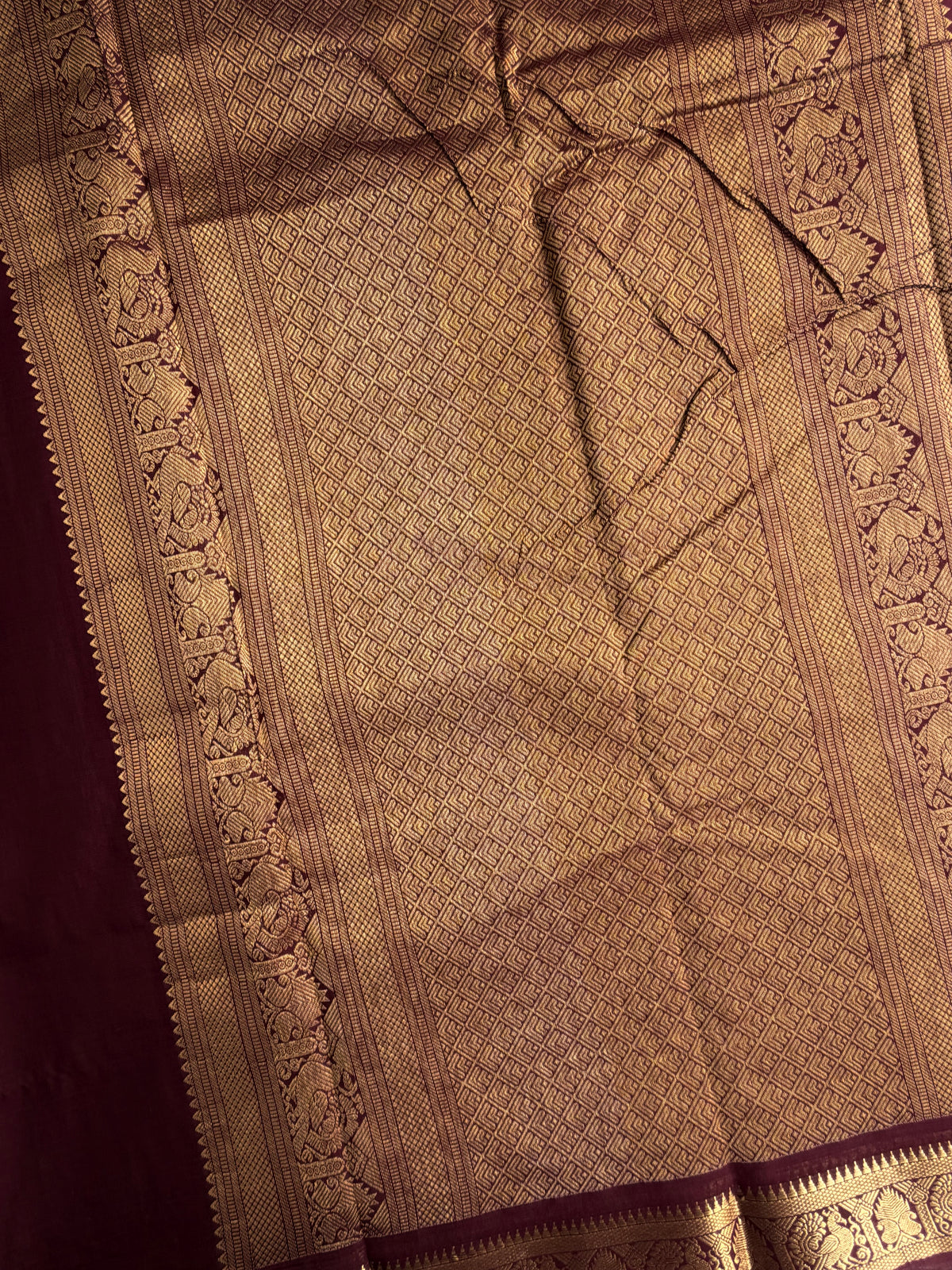 120 Mercerized Kanchi cotton saree with zari checks & grand pallu - coffee brown