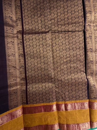 Kanchi cotton saree in 1000 buttas & zari check weaves with grand pallu brown