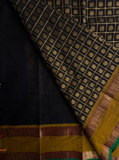 Kanchi cotton saree in zari check & butta weaves in black with a grand pallu