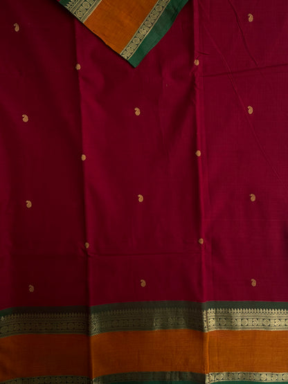 120 Mercerized Kanchi cotton saree with zari butta weaves & grand pallu