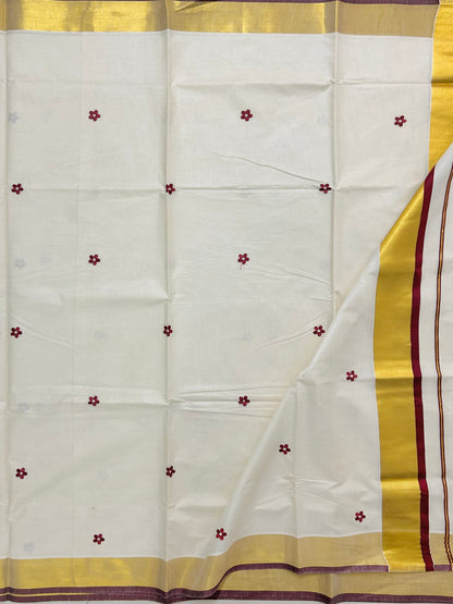 Kasavu saree in floral embroidery - maroon