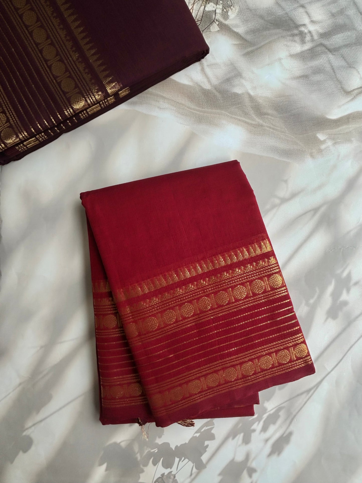 Kanchi cotton saree with zari weaves - deep red