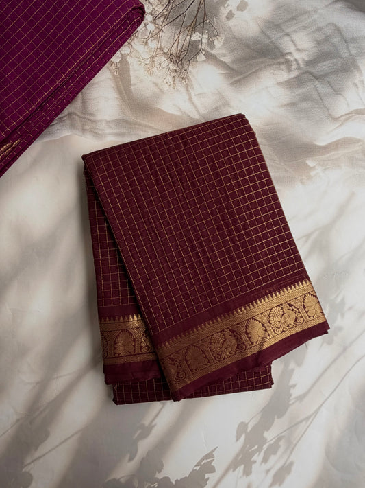 120 Mercerized Kanchi cotton saree with zari checks & grand pallu - coffee brown