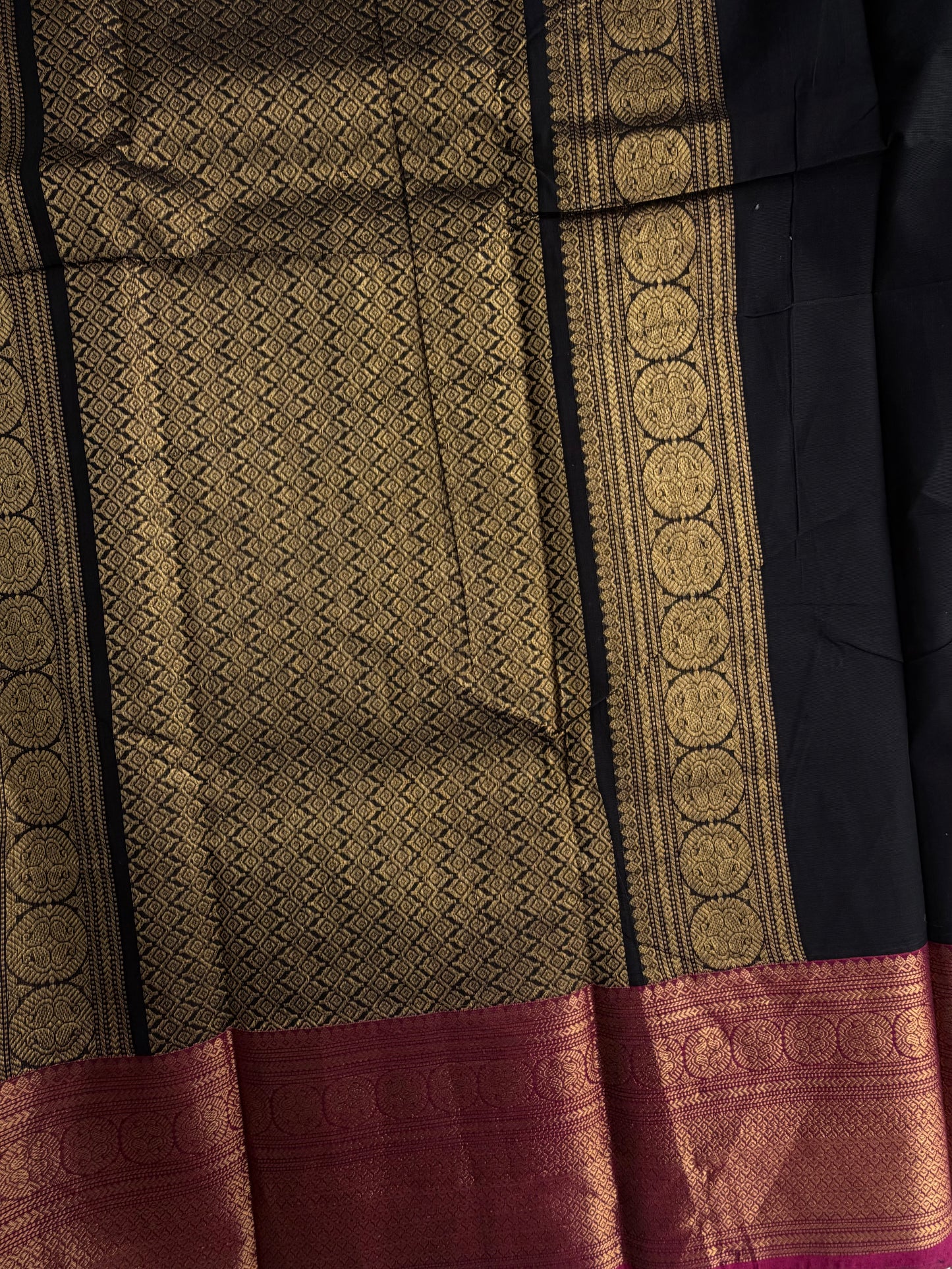 Kanchi cotton saree in checks & butta weaves with grand pallu black with pink border