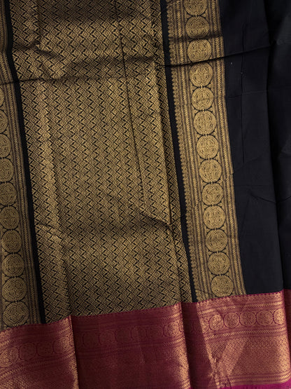 Kanchi cotton saree in checks & butta weaves with grand pallu black with pink border