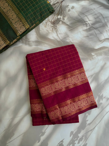 Kanchi cotton saree in checks & butta weaves