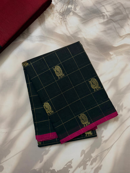 Kanchi cotton with premium zari weaves black with pink border
