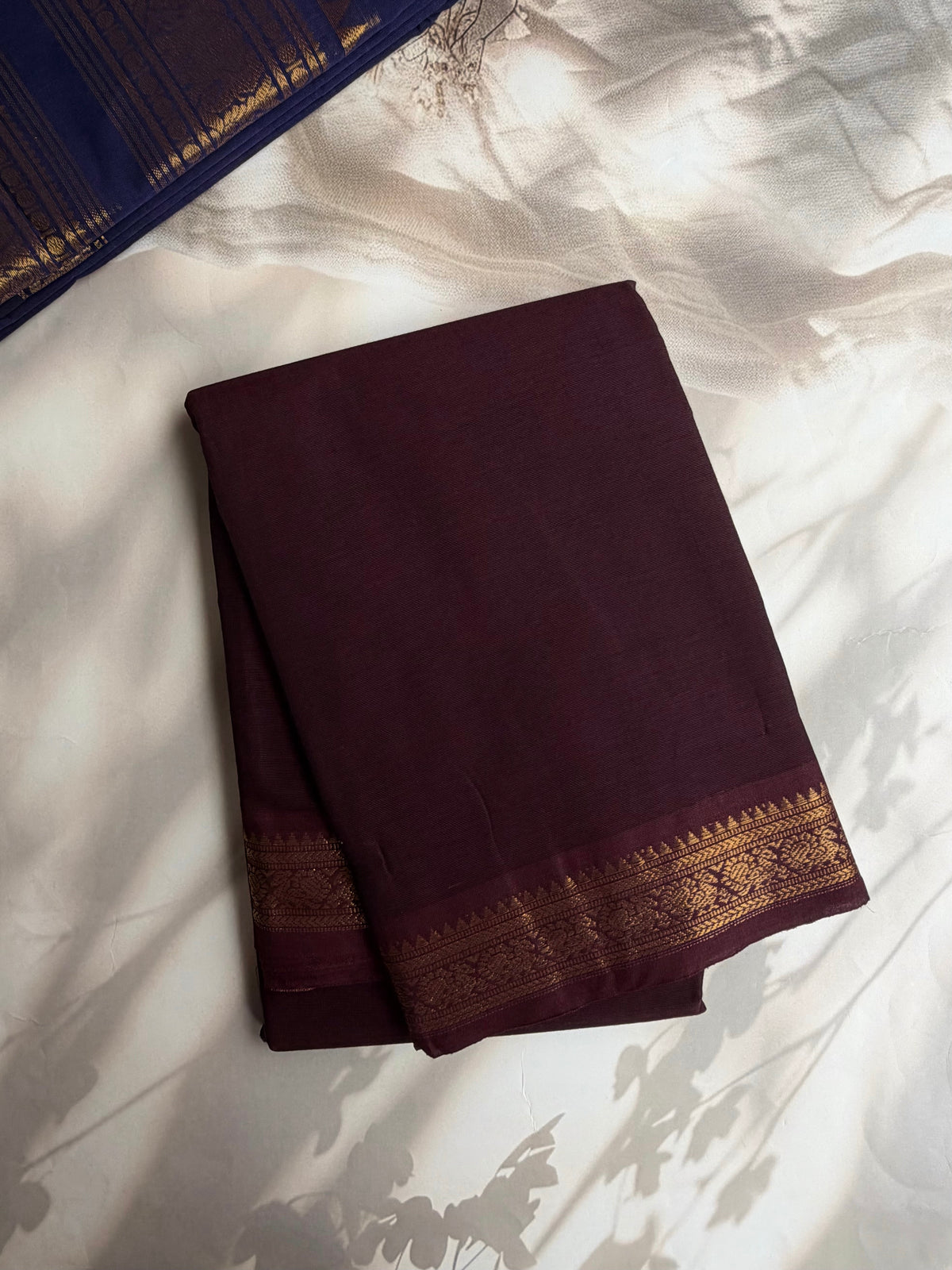 Kanchi cotton saree with minimal zari border - brown