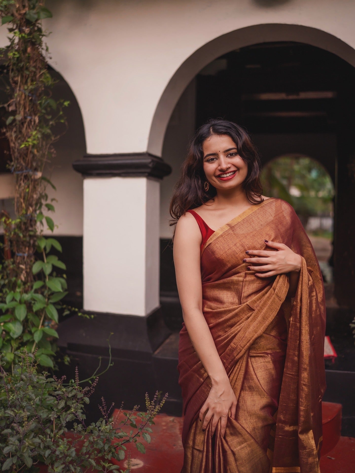 Handloom Tissue linen saree - brown