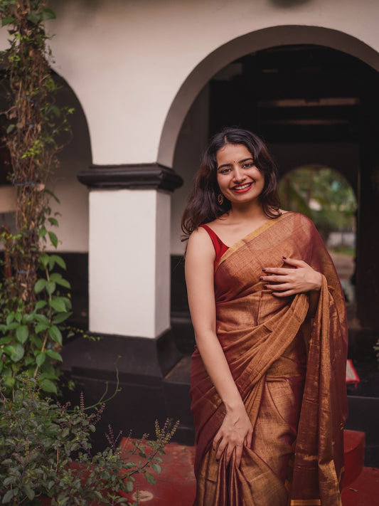 Handloom Tissue linen saree - brown