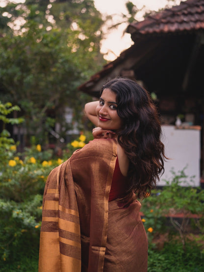 Handloom Tissue linen saree - brown