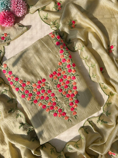 Unstitched crush tissue embroidered dress material set