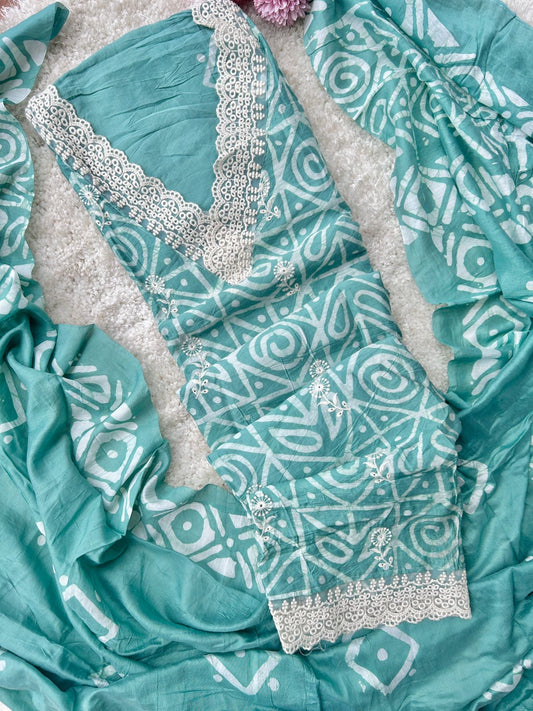 Unstitched Chanderi silk suit set with laces