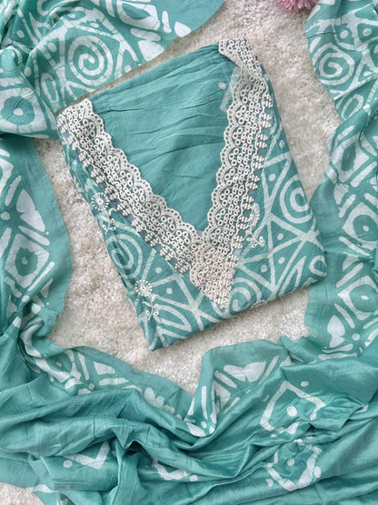 Unstitched Chanderi silk suit set with laces