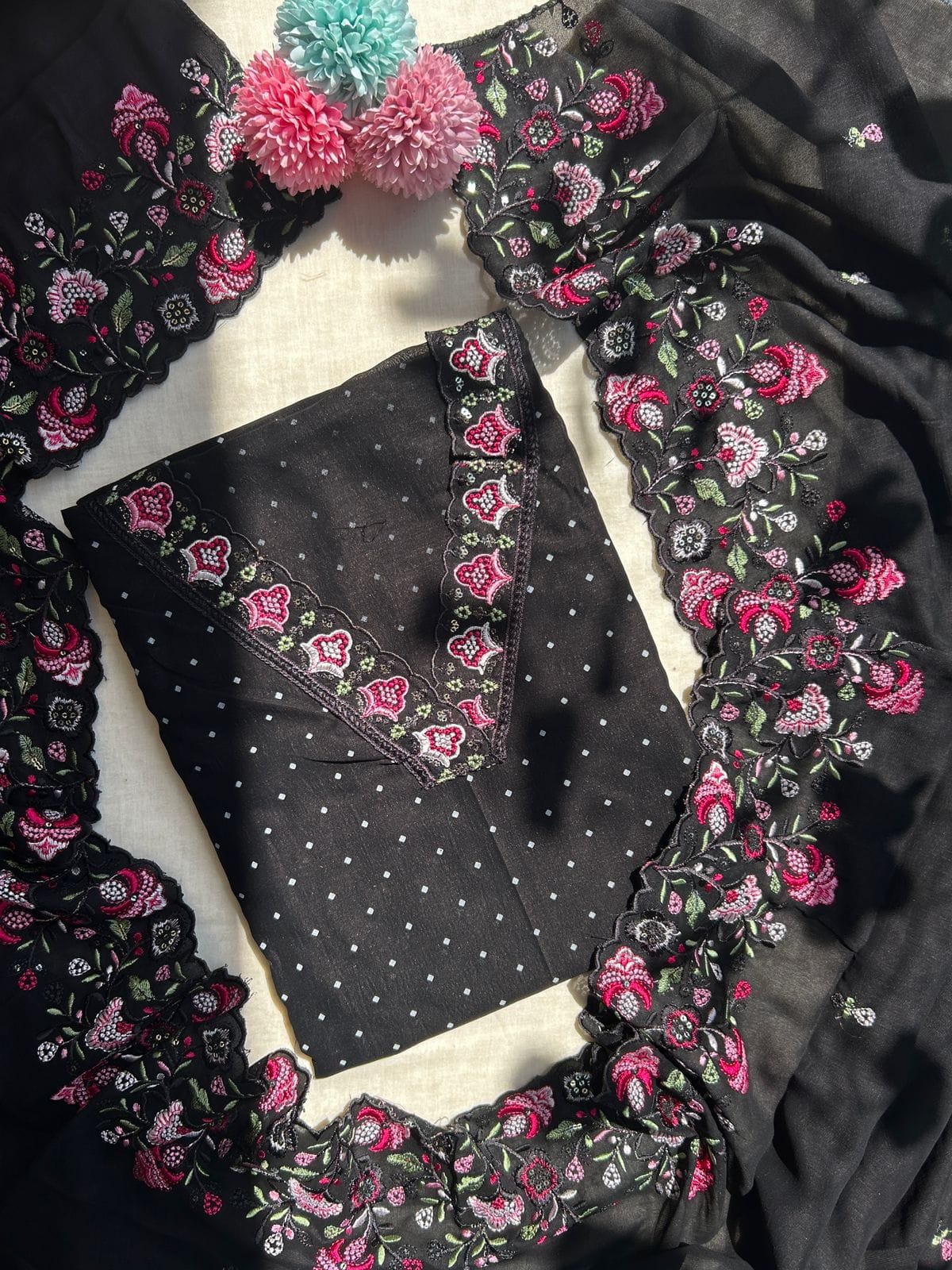 Vichitra silk embroidered dress material set