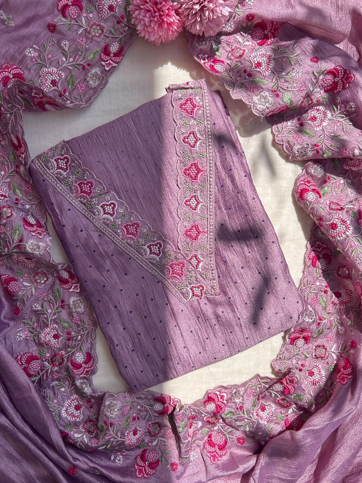 Vichitra silk embroidered dress material set