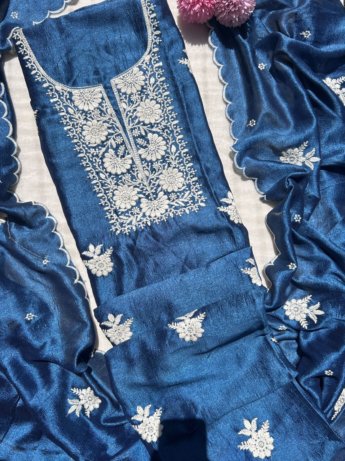 Unstitched crush tissue embroidered dress material set