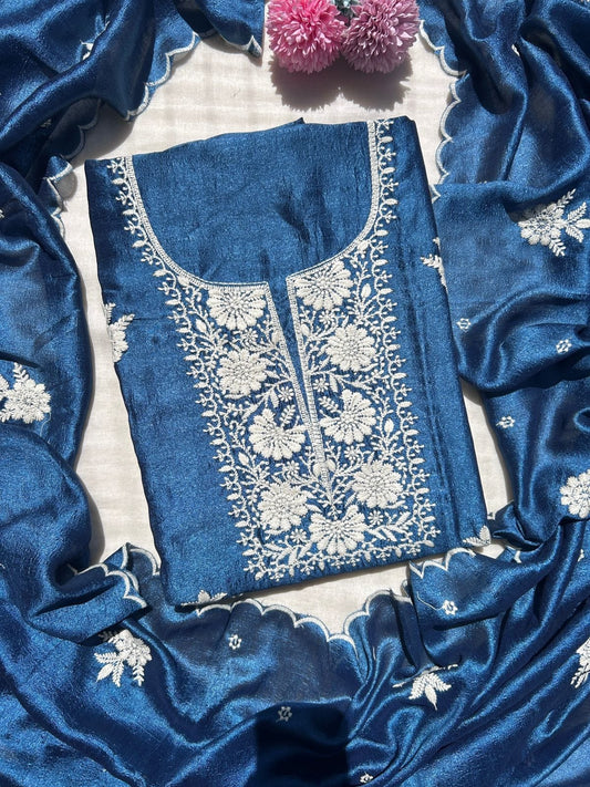 Unstitched crush tissue embroidered dress material set