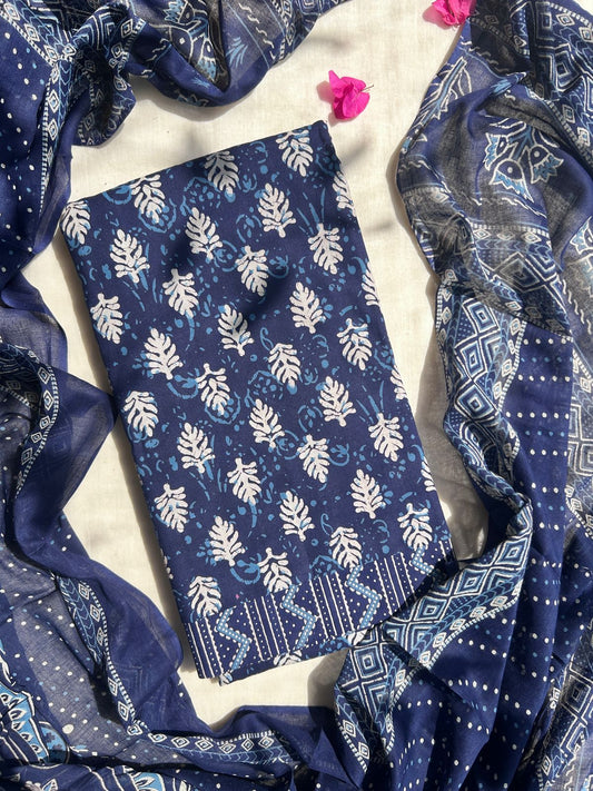 Unstitched Indigo cotton suit set