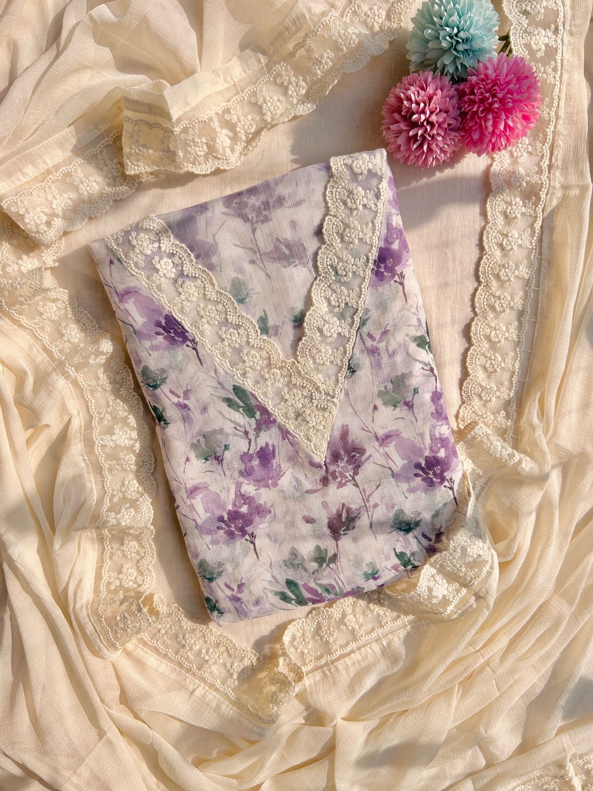 Linen dress material with laces
