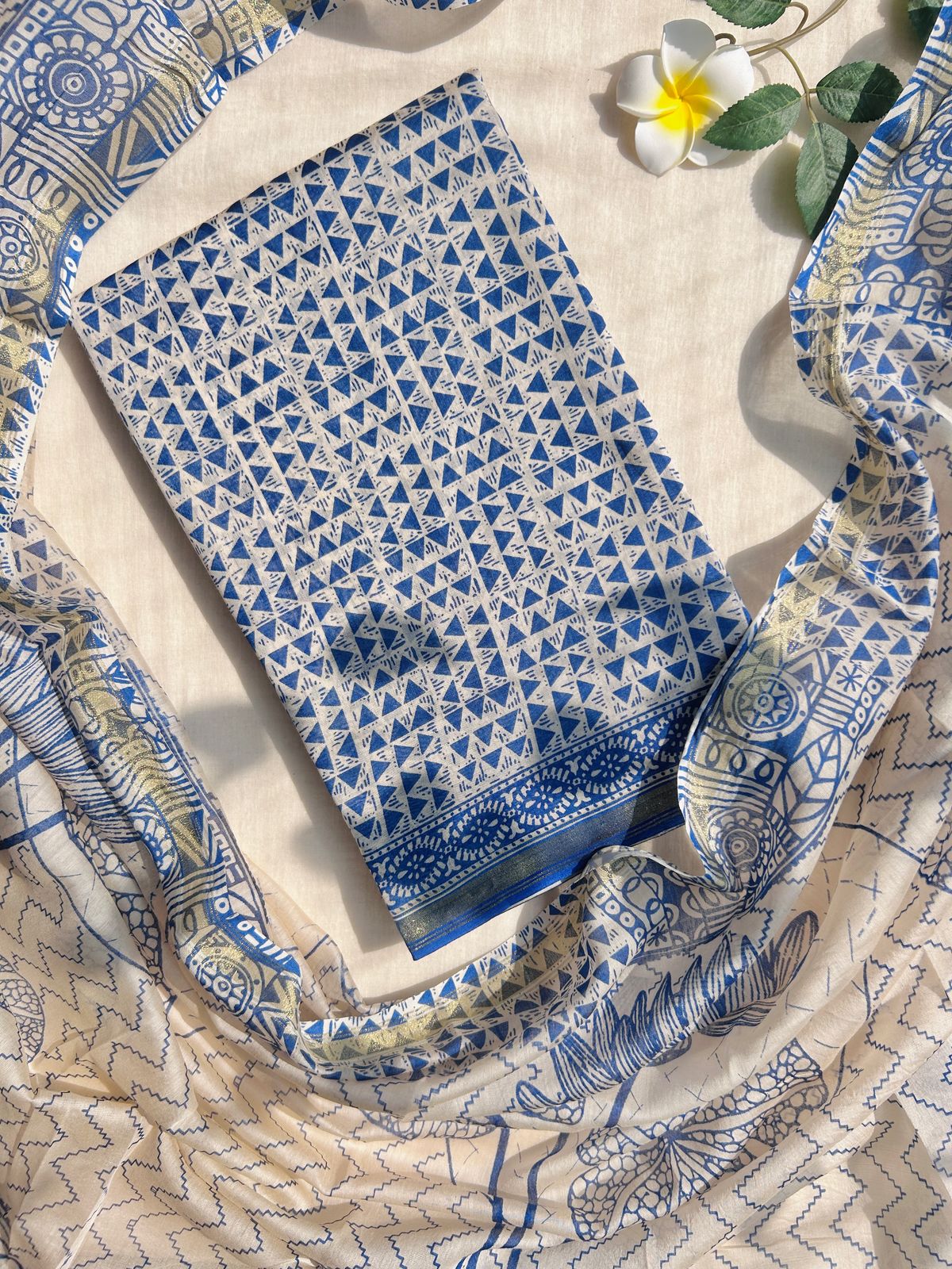Unstitched Indigo Cotton silk set