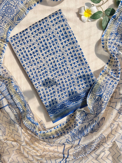 Unstitched Indigo Cotton silk set