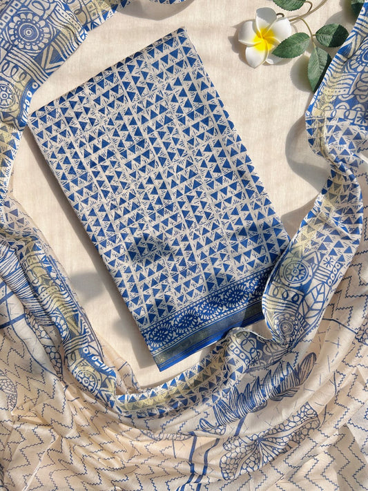 Unstitched Indigo Cotton silk set