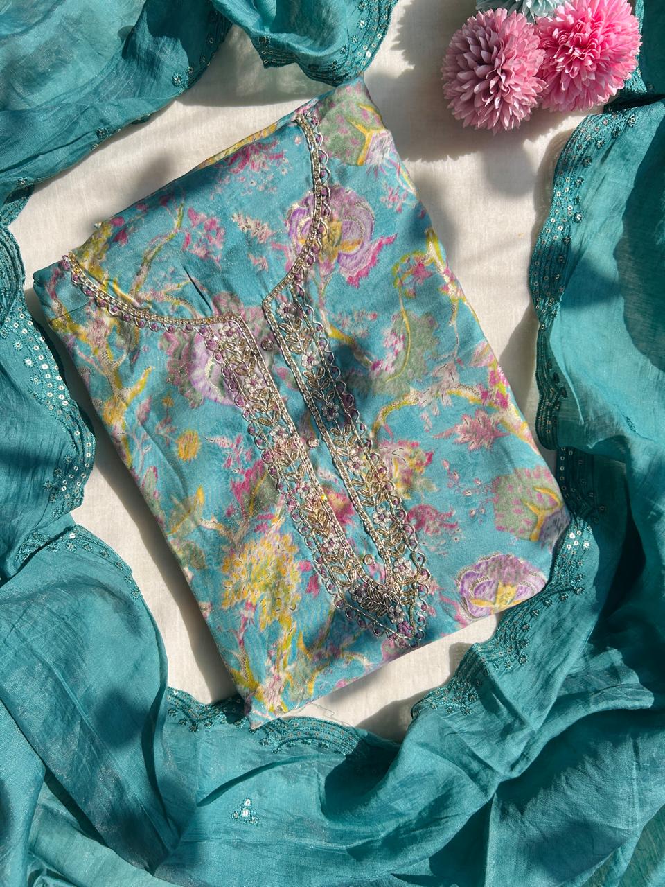 Unstitched Chanderi silk suit set